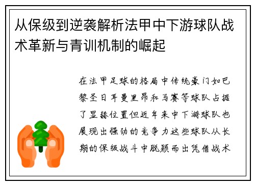 从保级到逆袭解析法甲中下游球队战术革新与青训机制的崛起