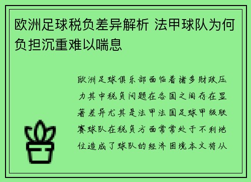 欧洲足球税负差异解析 法甲球队为何负担沉重难以喘息