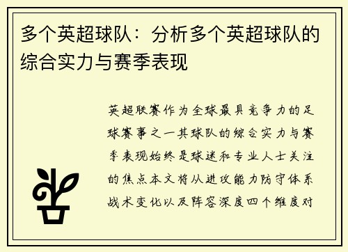 多个英超球队：分析多个英超球队的综合实力与赛季表现